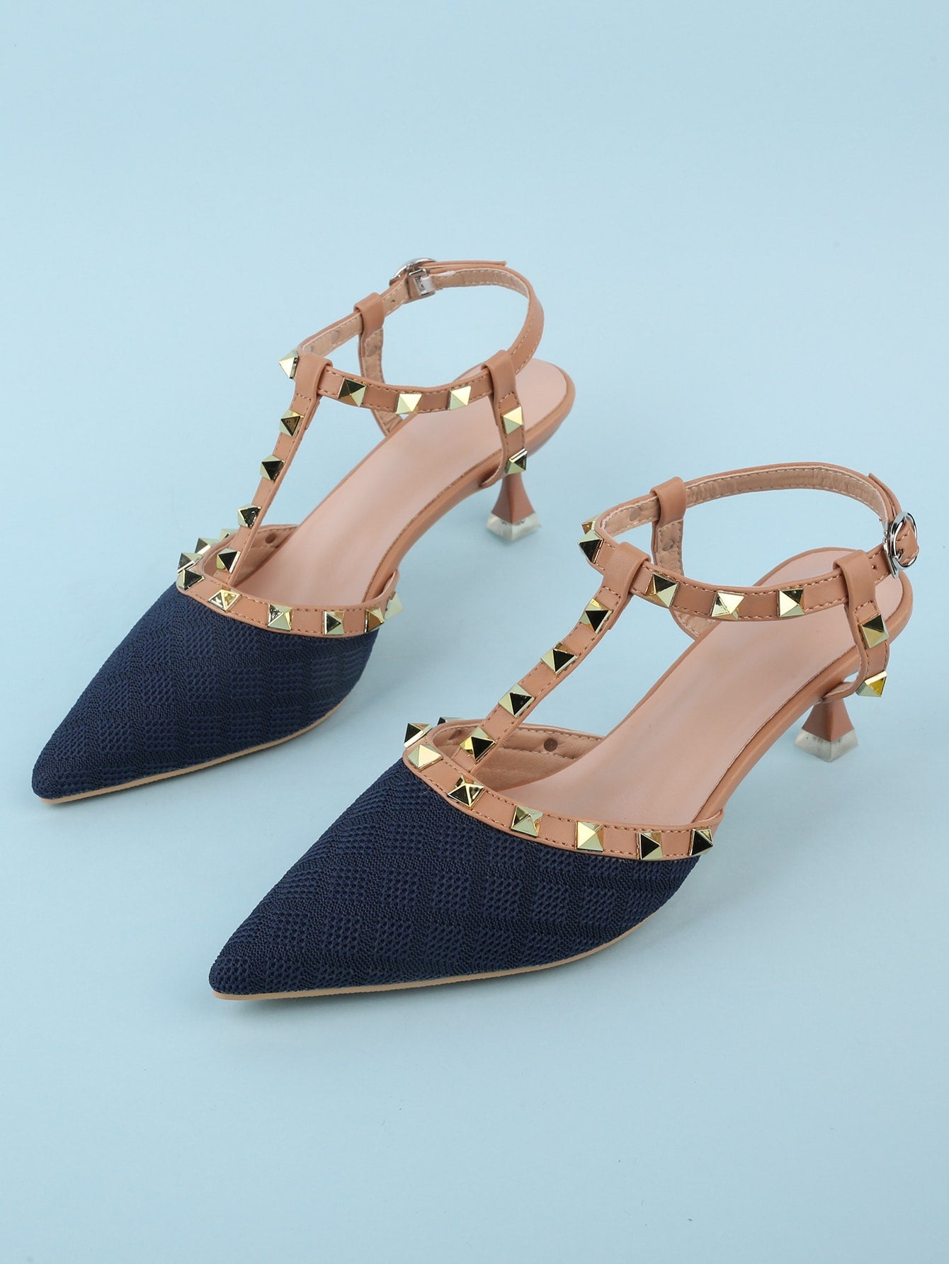 Women's Dark Blue Punk Style Ankle Strap Stiletto High Heels For Decoration With Rivets And Pyramid Metal Toe Cap