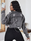 Ripped Chain Detail Raw Cut Drop Shoulder Crop Denim Jacket