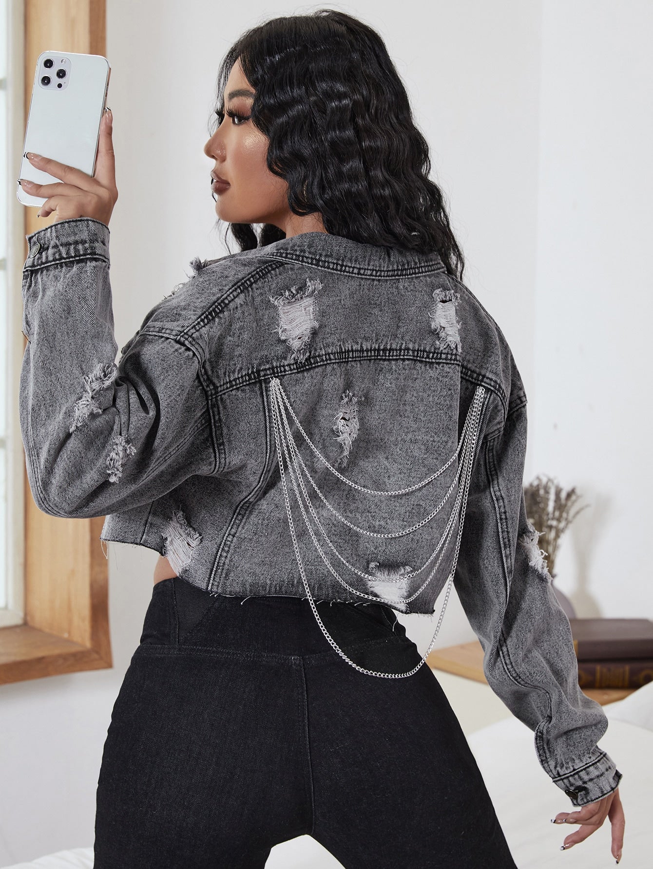 Ripped Chain Detail Raw Cut Drop Shoulder Crop Denim Jacket