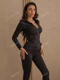 Drawstring Kangaroo Pocket Zipper Up Placket Hooded Sweatshirt & Leggings Sweat Suit
