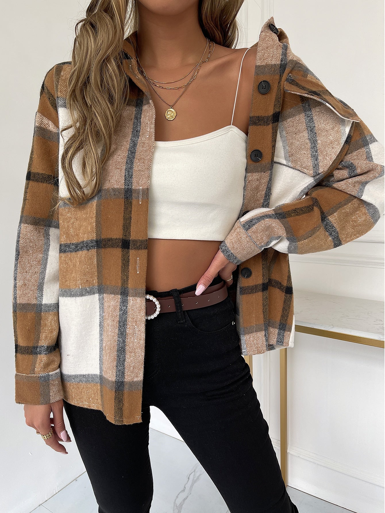 Plaid Flap Pocket Drop Shoulder Coat