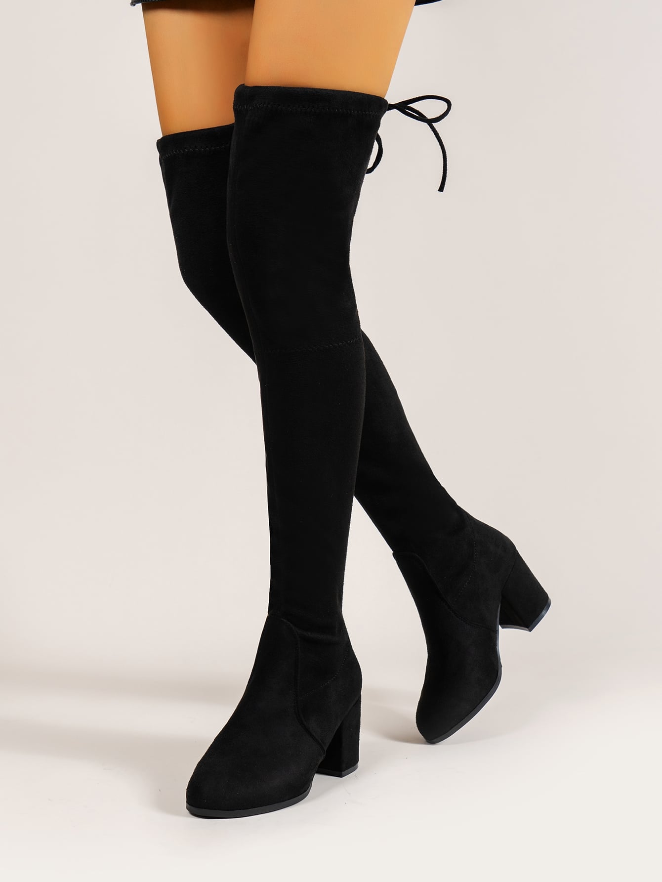 Elegant Black Solid Color Stretch Boots With Lace-up And Chunky Heel, Over The Knee