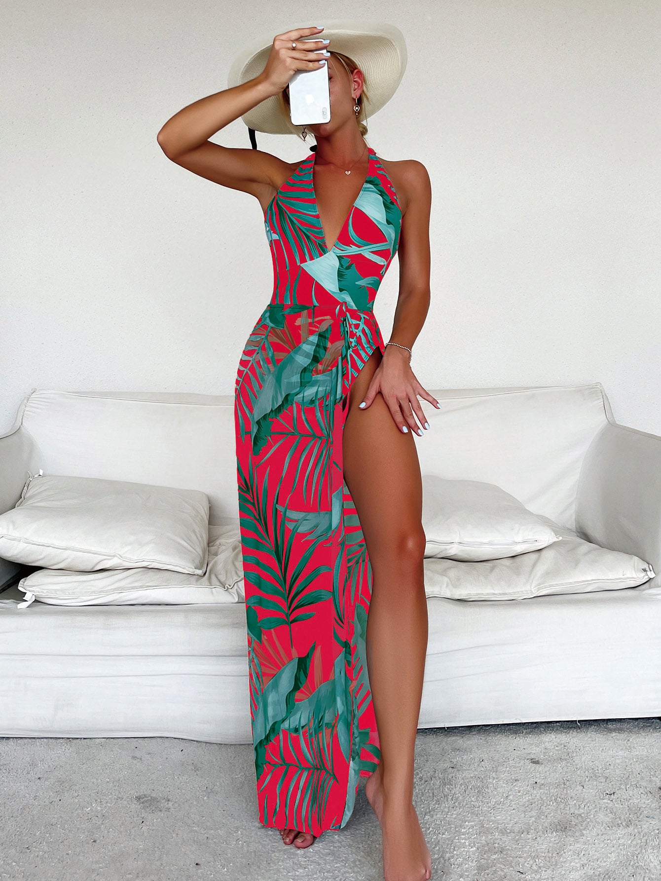 Swim Summer Beach Tropical Print One Piece Swimsuit With Cover Up Skirt