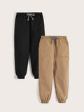 2pcs Solid Color Elastic Waist & Cuffed Long Pants For Young Boys