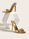 Women Gold Color Crocodile Metallic Stiletto Heeled Mule Sandals, Point Toe Sandals For Party
