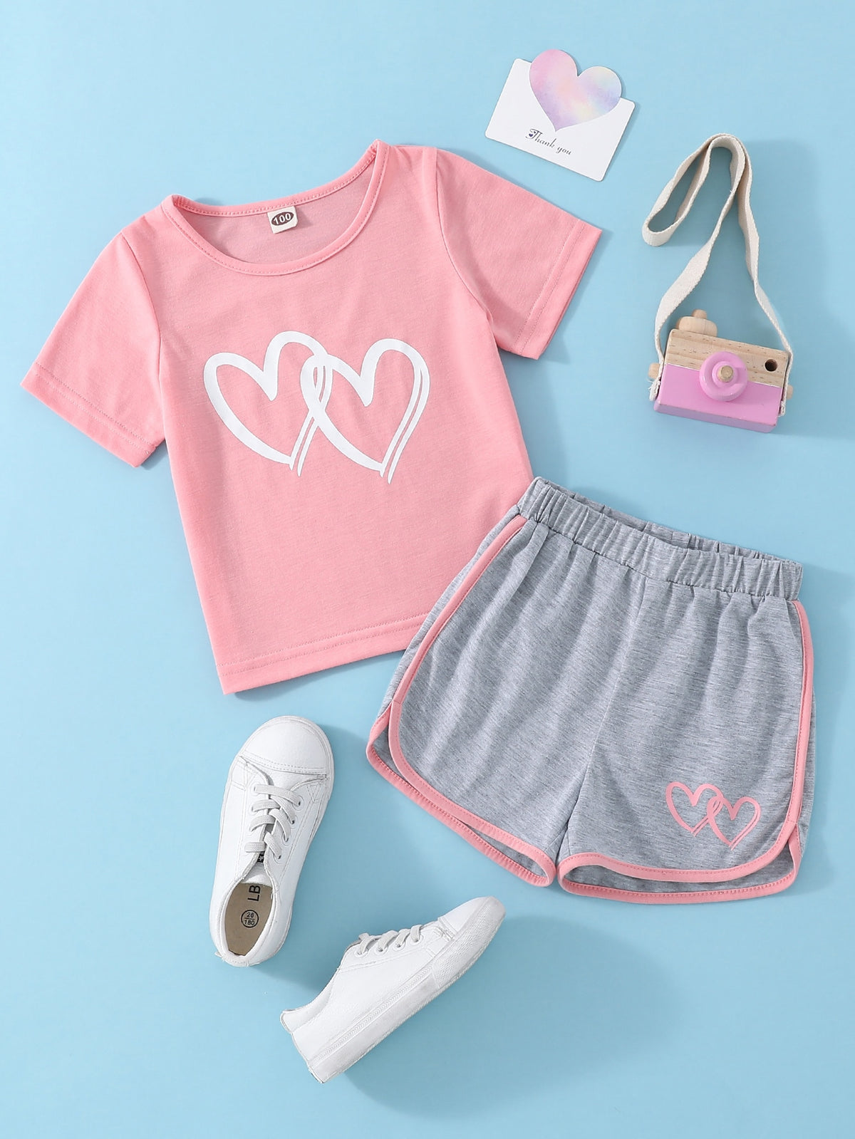 Young Girl Dopamine Heart Print Casual Short Sleeve T-Shirt And Color-Block Hem Shorts Set For Mother Day, Summer