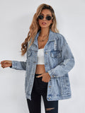 Frenchy Button Blue Front Flap Pocket Drop Shoulder Denim Jacket