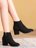 Black Fashionable Solid Color Classic Women's Pull-on High Heel Boots With Side Zipper And Thick Sole