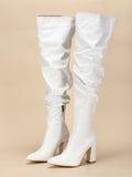 Women's Chunky Heel Pointed Toe Knee-high White Boots With Zipper Closure And Wrinkled Design For Autumn/winter