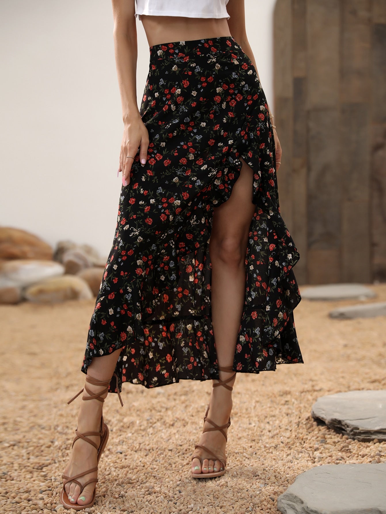 Ditsy Floral Print Ruffle Trim Asymmetrical Hem Skirt