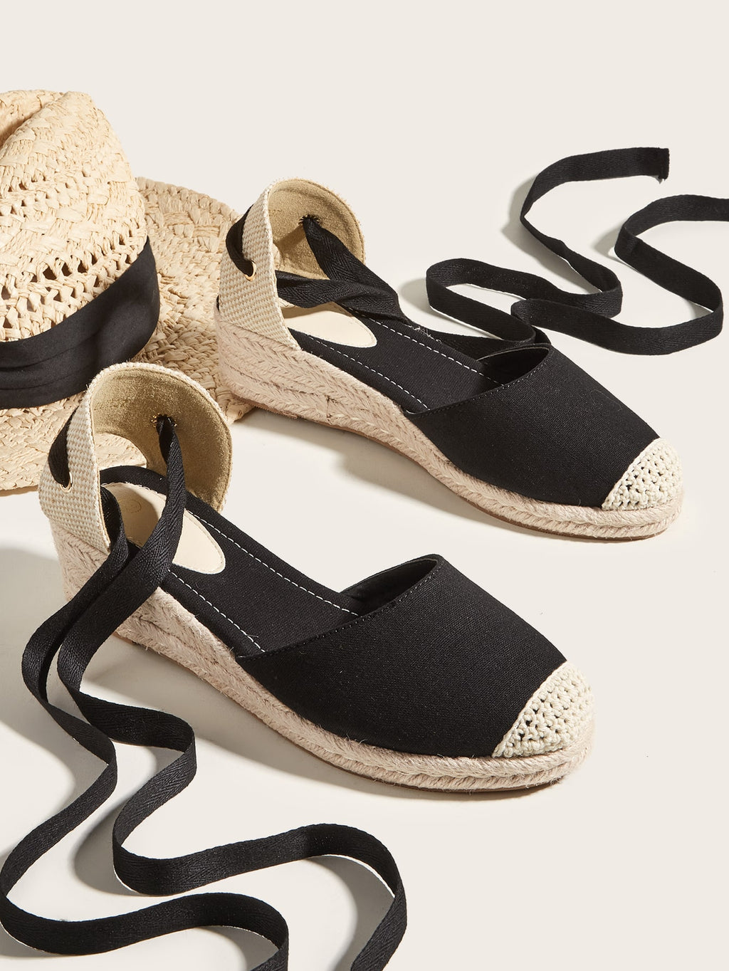 Canvas Tie Leg Espadrille Strappy Wedges
