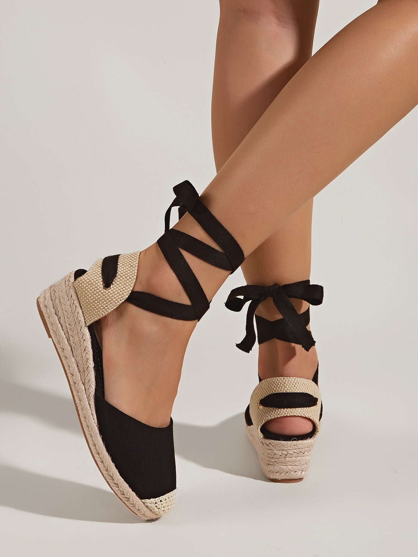 Canvas Tie Leg Espadrille Strappy Wedges