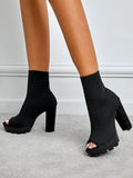 Peep Toe Chunky Heeled Sock Boots, Black Fashionable Solid Color Ladies' Fashion Boots