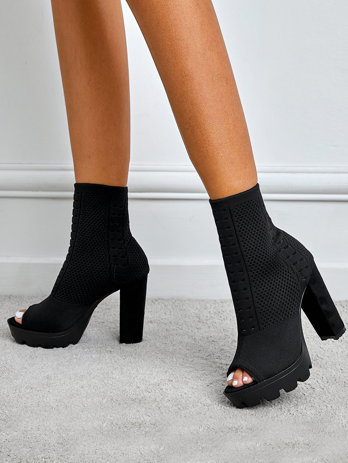Peep Toe Chunky Heeled Sock Boots, Black Fashionable Solid Color Ladies' Fashion Boots