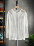 Fever City Men Solid Open Knit Top Round Neck Long Sleeve Pullover Plain White Sweater For Boyfriend Gift