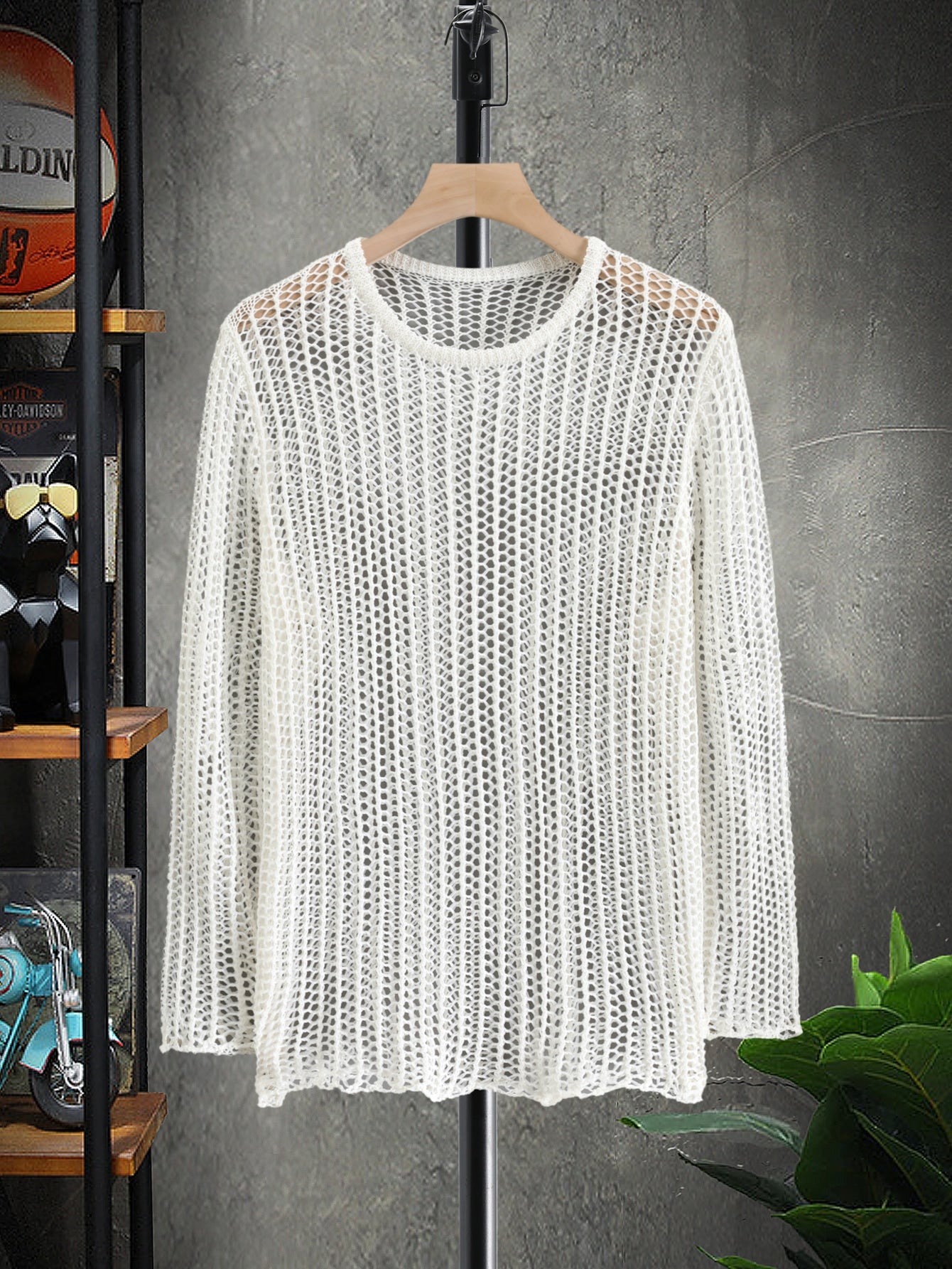 Fever City Men Solid Open Knit Top Round Neck Long Sleeve Pullover Plain White Sweater For Boyfriend Gift