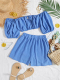 Solid Ruched Off Shoulder Crop Top & Shorts