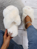 Women's Stylish & Solid Color Cross Strap Fluffy Bedroom Slippers In Beige