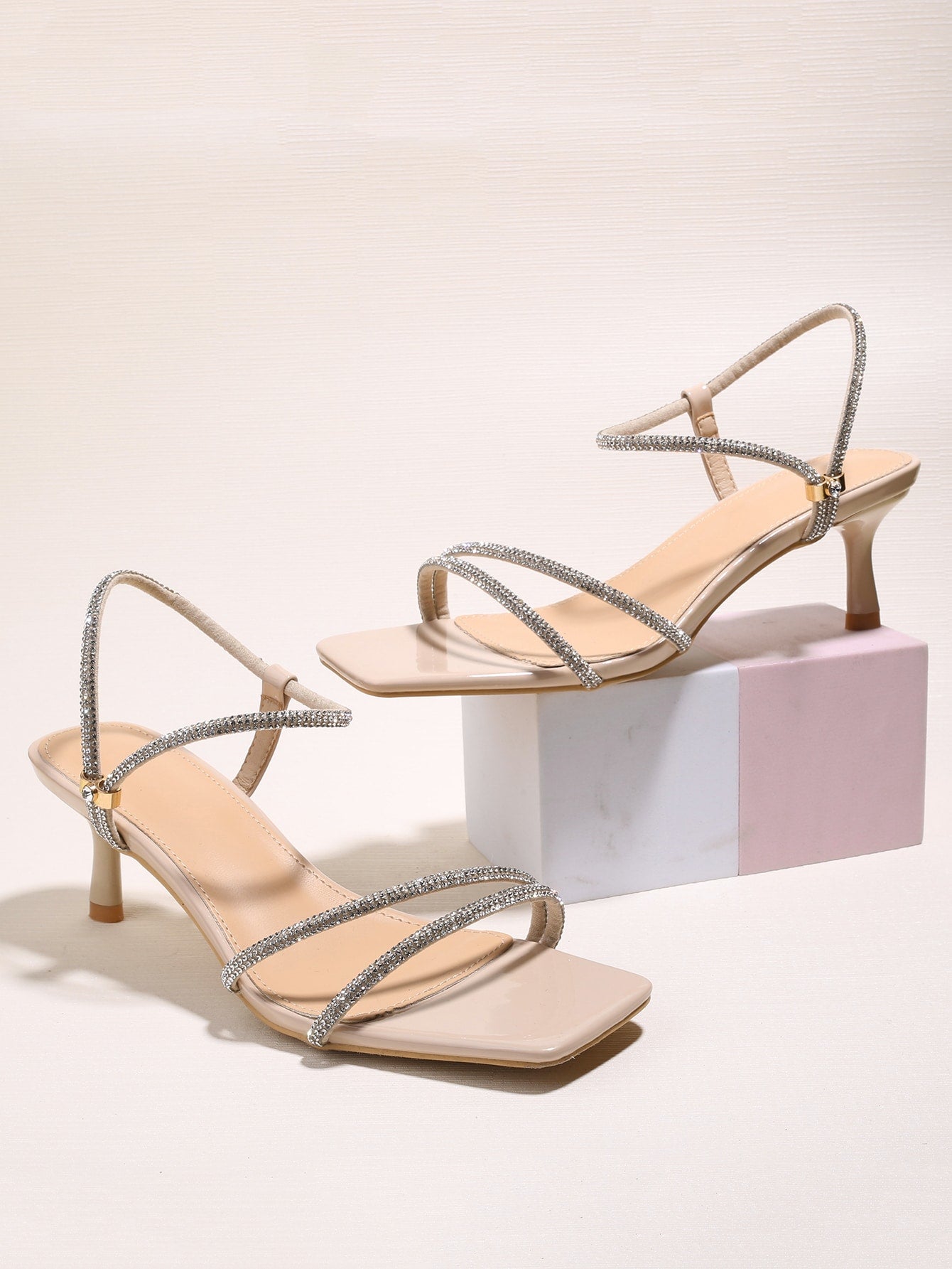 Women Rhinestone Decor Stiletto Heeled Slingback Sandals, Glamorous Glass Slingback Sandals