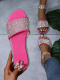 Allover Rhinestone Slide Sandals, Rose Red Party Sparkly Solid Color Flip-flops With Rhinestones Embellishment