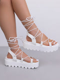 Fashion White Sandals For Women, Tie Leg Design Strappy Wedge Sandals