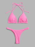 Swim Summer Beach Solid Bikini Set Halter Triangle Bra & Thong 2 Piece Bathing Suit