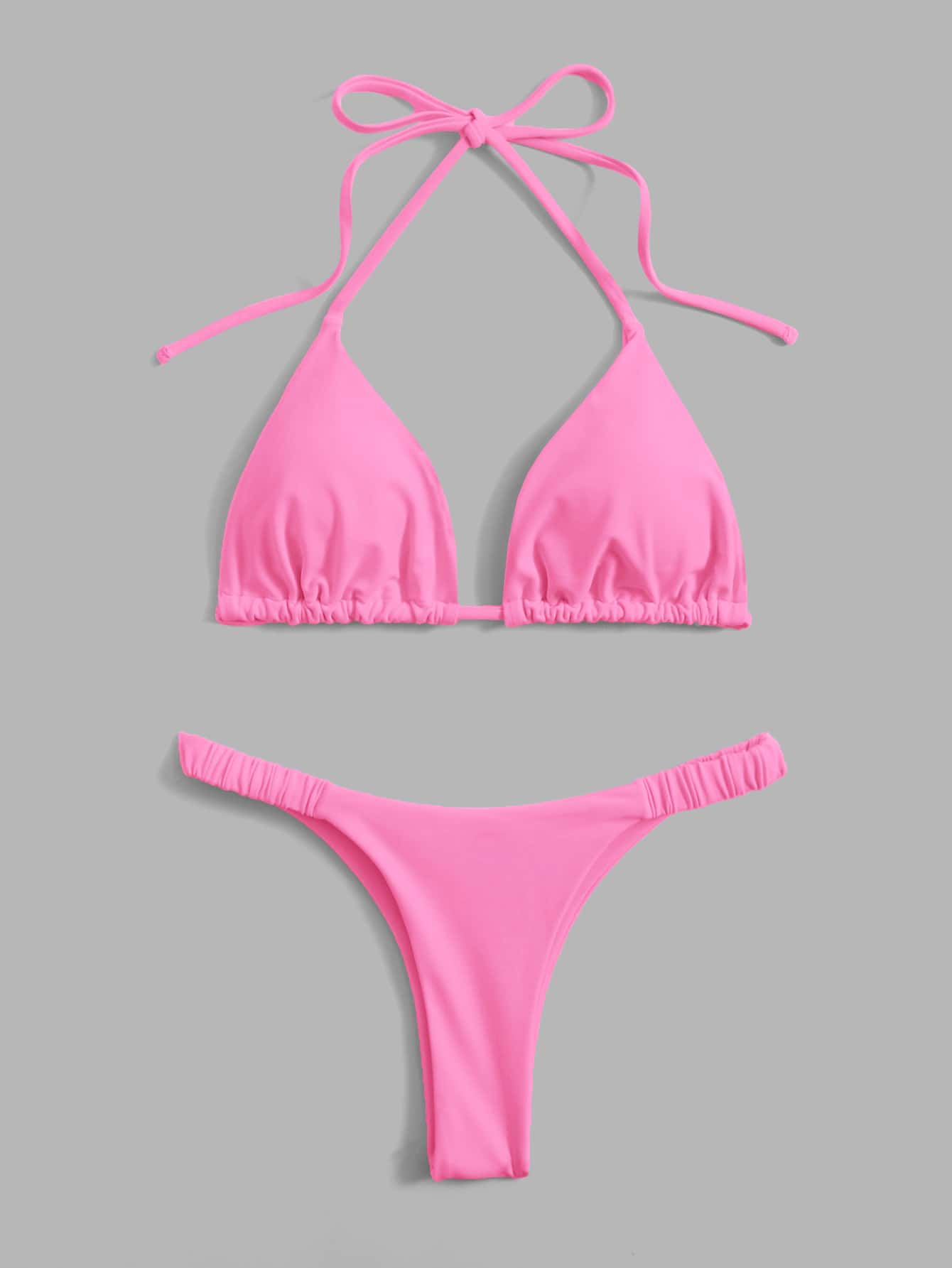 Swim Summer Beach Solid Bikini Set Halter Triangle Bra & Thong 2 Piece Bathing Suit