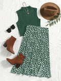 Solid Mock Neck Tank Top & Allover Print Skirt