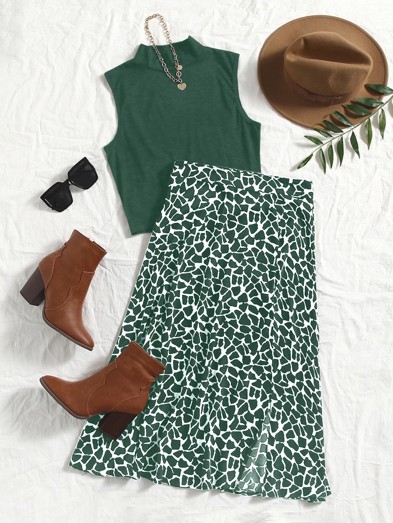 Solid Mock Neck Tank Top & Allover Print Skirt