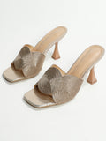 Women Braided Detail Mules, Fabric Pyramid Heeled Vacation Sandals Gold