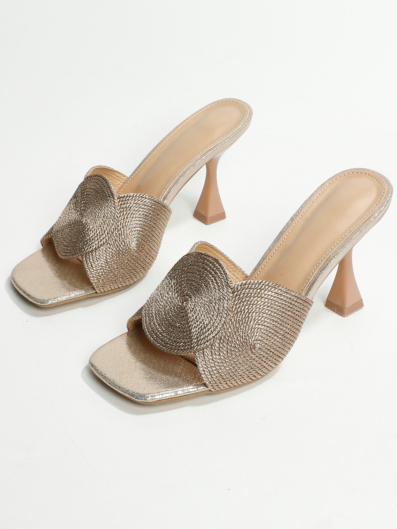 Women Braided Detail Mules, Fabric Pyramid Heeled Vacation Sandals Gold