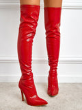 Women's Red High Heel Pointed Toe Elastic Over The Knee Boots With Side Zipper For Fall And Winter