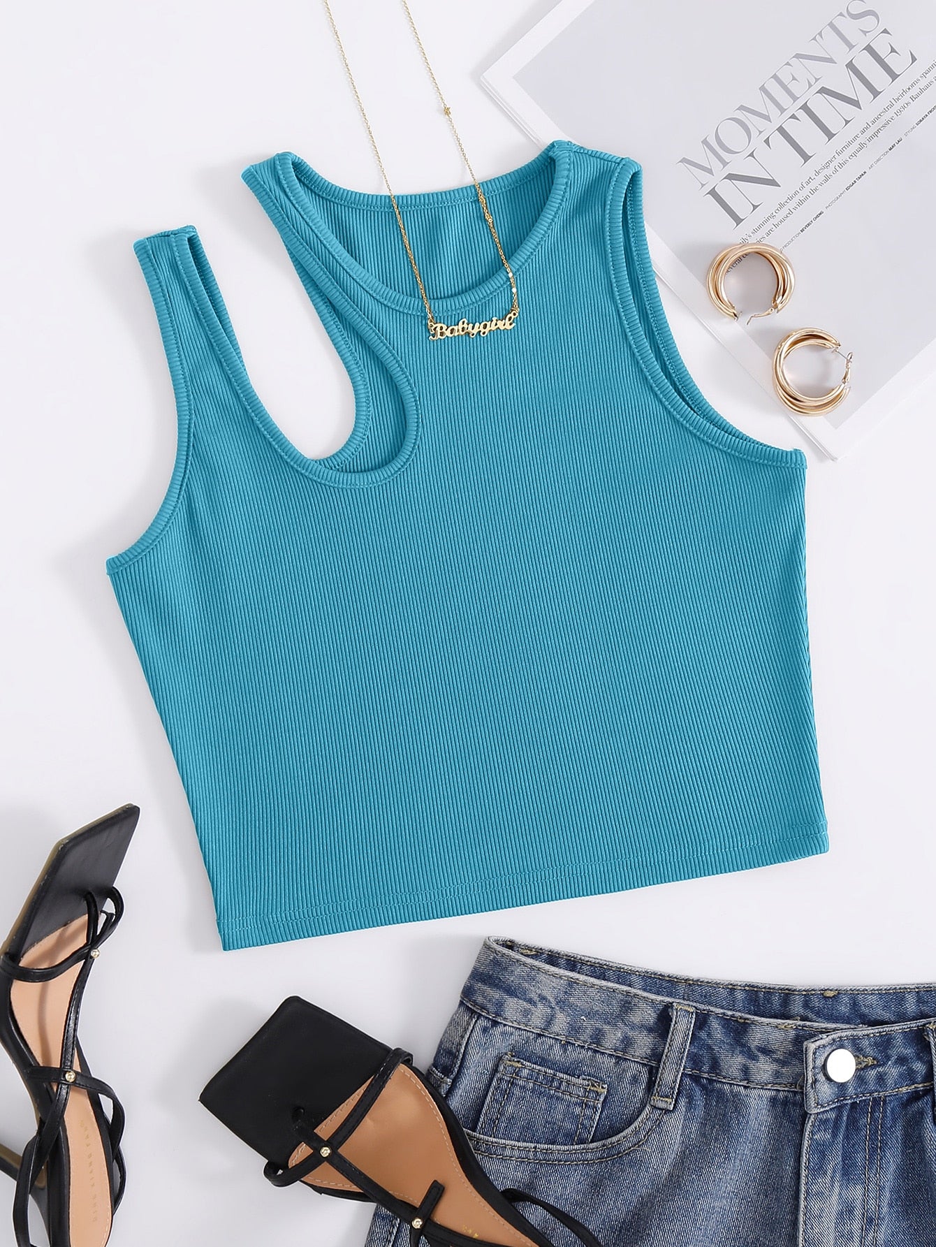 Leisure Solid Cutout Shoulder Rib-Knit Tank Top For Summer