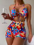Swim Summer Beach Random Floral Print Knot Front Cut Out One Piece Swimsuit