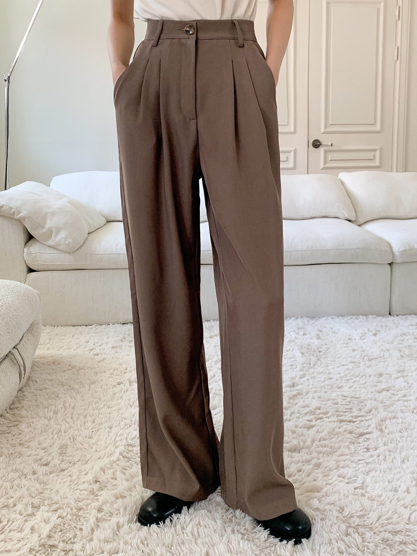 High Waist Plicated Detail Wide Leg Suit Pants