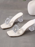 Women Rhinestone Decor Mule Sandals, Glamorous Open Toe Chunky Heeled Mule Sandals