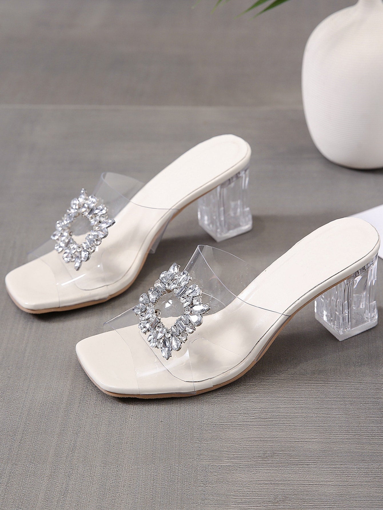 Women Rhinestone Decor Mule Sandals, Glamorous Open Toe Chunky Heeled Mule Sandals