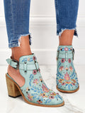 Blue Flower Printed Sandal Booties, Strappy Buckle Detail Chunky High Heel
