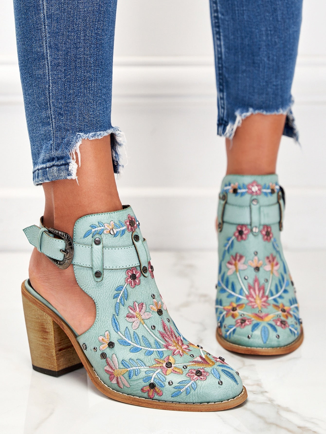 Blue Flower Printed Sandal Booties, Strappy Buckle Detail Chunky High Heel