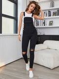 Flap Pocket Ripped Denim Overalls Without Tank Top