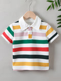 Young Boy Colorful Striped Short Sleeve Polo Shirt, Casual & Active Outdoor/Back To School Cloth