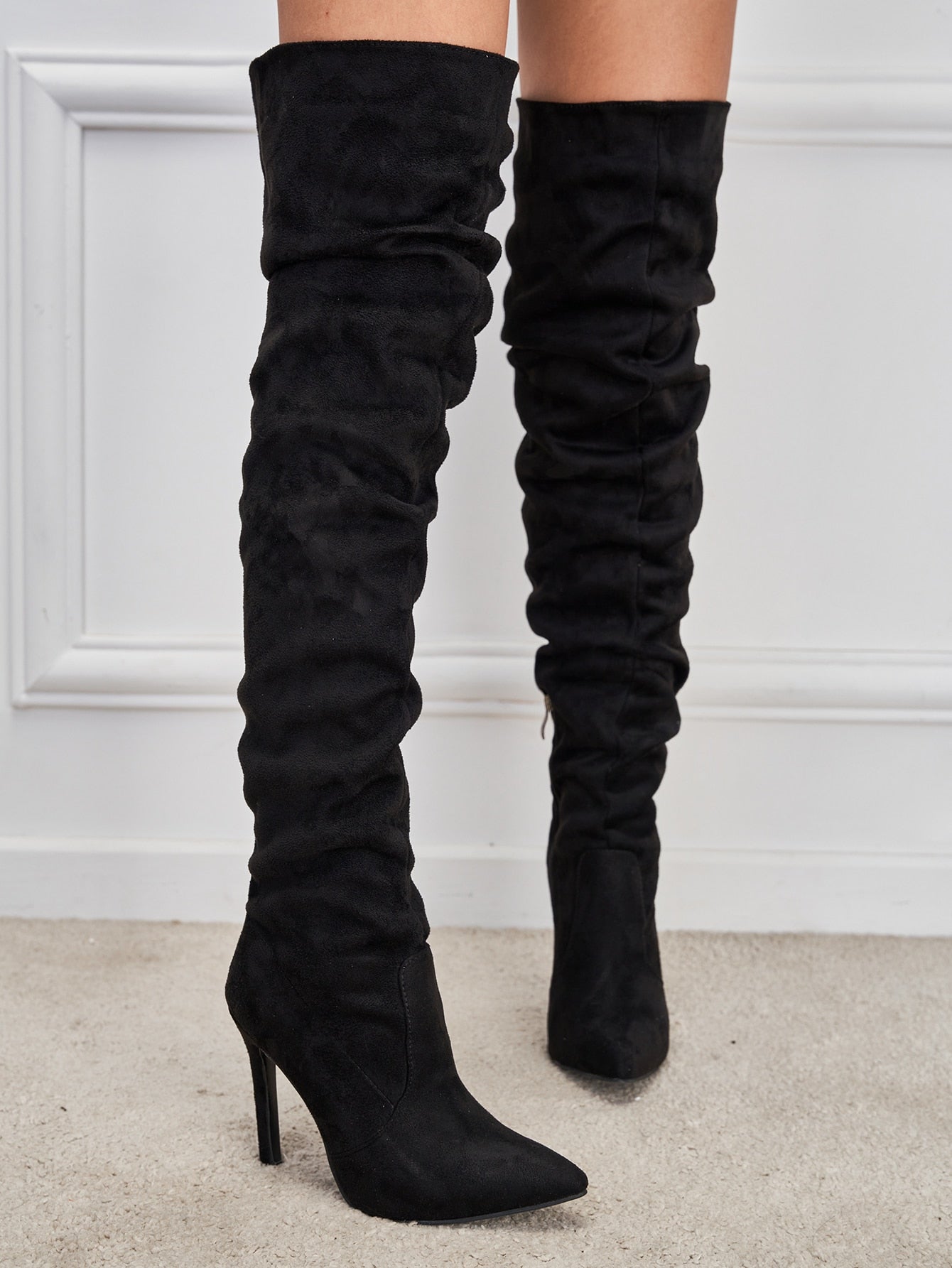 Women's Pointed Toe Stiletto High Heel Scrunch Over The Knee Boots, Side Zipper, Winter, Black