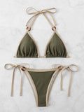 Swim Summer Beach Ladies' Solid Color Bikini Set With Trim Details - Halter Triangle Bralette And Side Tie Bottom Swimsuit
