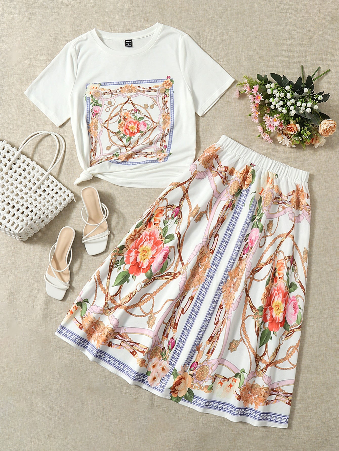 Mulvari Floral & Chain Print Tee & Skirt