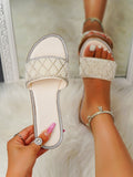 Women Rhinestone & Faux Pearl Decor Slide Sandals, Glamorous Open Toe Flat Sandals