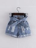 Young Girl Paperbag Waist Ripped Roll Hem Belted Denim Shorts