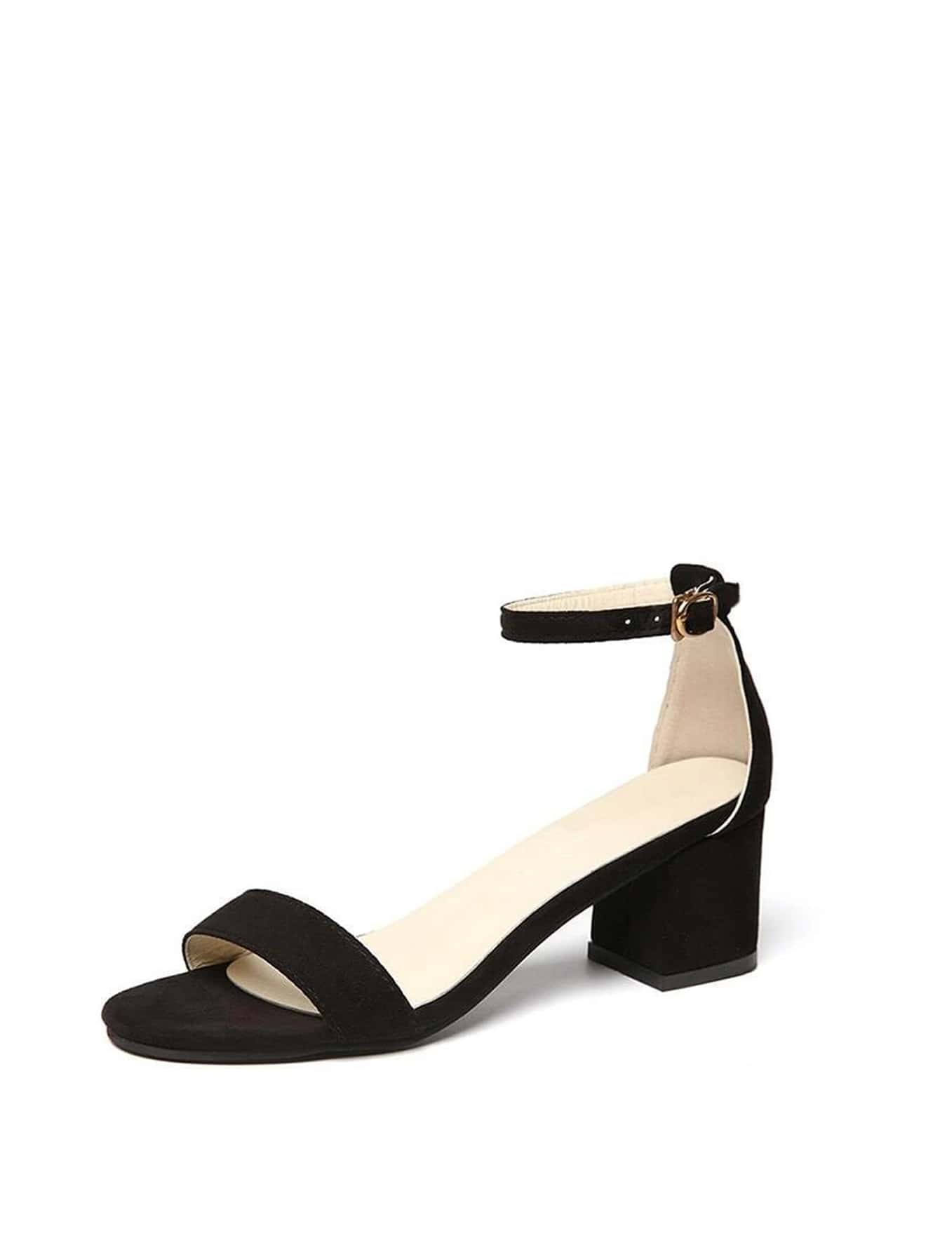 Women Minimalist Chunky Heeled Ankle Strap Sandals, Elegant Black Faux Suede Heeled Sandals