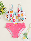 Tween Girl Donut Print Ruffle Trim Bikini Set Summer Beach