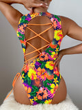 Swim Summer Beach Random Tropical Print Lace Up One Piece Swimsuit