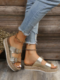 Vacation Champagne Sandals For Women, Metallic Buckle Decor Espadrille Flatform Footbed Sandals